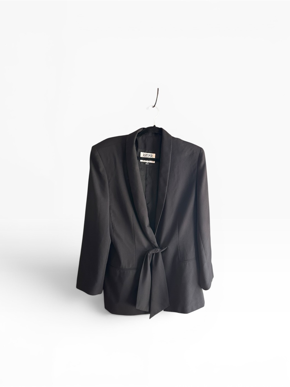 Vintage Kasper for A.S.L. black blazer with snap closure, attached tie   Size 14